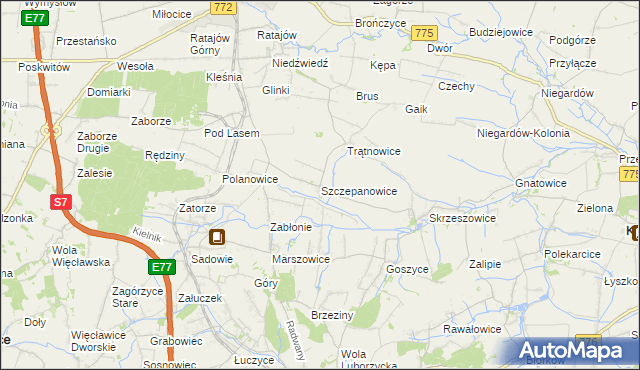 mapa Szczepanowice gmina Słomniki, Szczepanowice gmina Słomniki na mapie Targeo