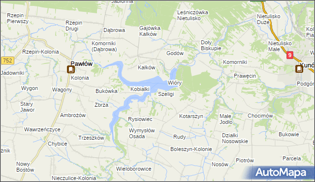 mapa Szeligi gmina Pawłów, Szeligi gmina Pawłów na mapie Targeo