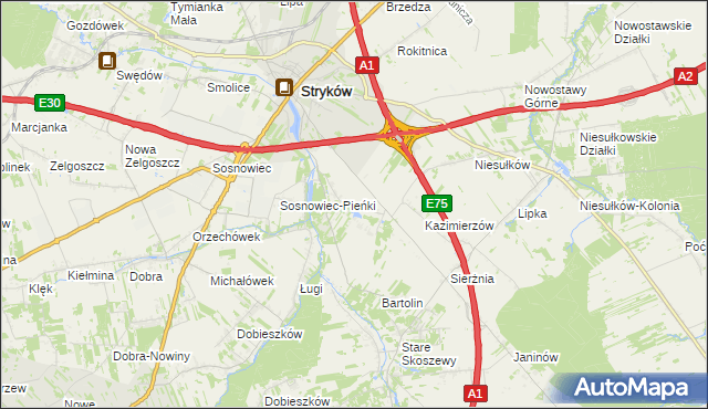 mapa Warszewice gmina Stryków, Warszewice gmina Stryków na mapie Targeo