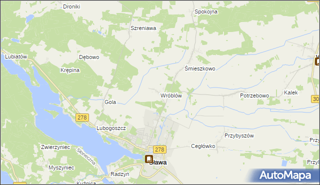 mapa Wróblów gmina Sława, Wróblów gmina Sława na mapie Targeo