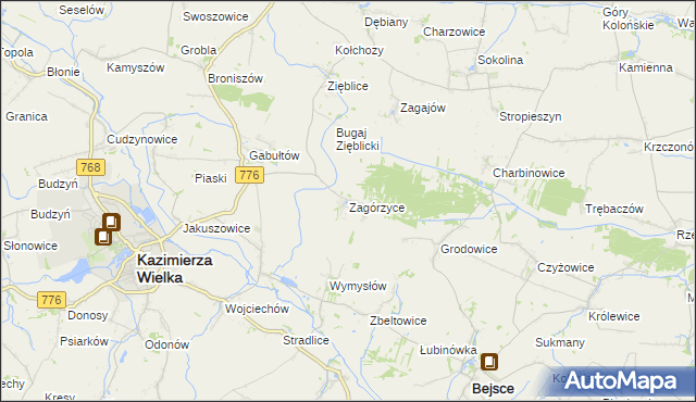 mapa Zagórzyce gmina Kazimierza Wielka, Zagórzyce gmina Kazimierza Wielka na mapie Targeo