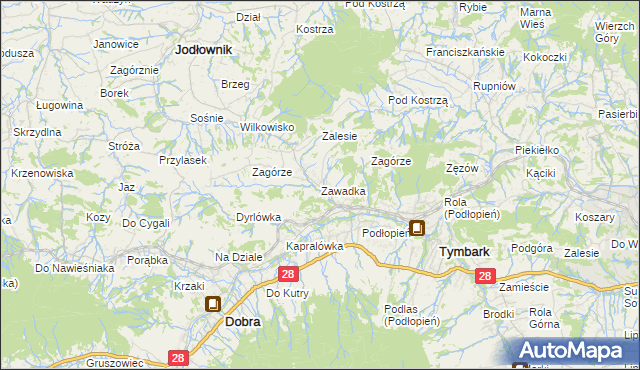 mapa Zawadka gmina Tymbark, Zawadka gmina Tymbark na mapie Targeo