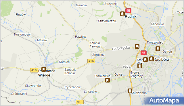 mapa Żerdziny gmina Pietrowice Wielkie, Żerdziny gmina Pietrowice Wielkie na mapie Targeo