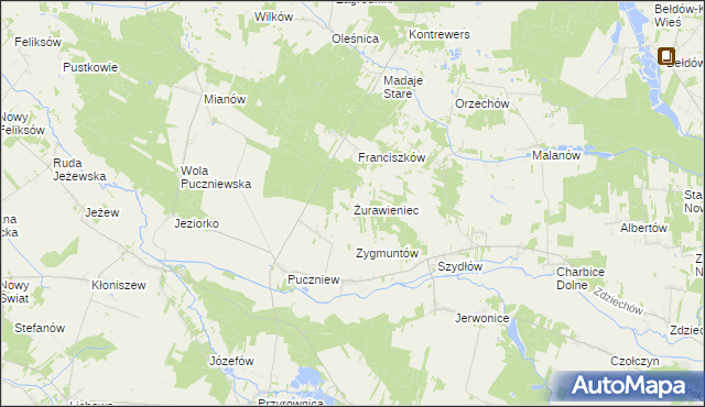 mapa Żurawieniec gmina Lutomiersk, Żurawieniec gmina Lutomiersk na mapie Targeo
