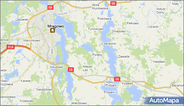 mapa Poręby gmina Mrągowo, Poręby gmina Mrągowo na mapie Targeo