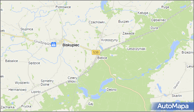 mapa Bielice gmina Biskupiec, Bielice gmina Biskupiec na mapie Targeo