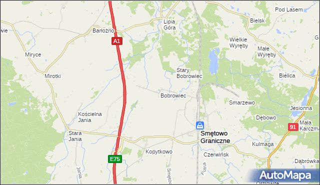 mapa Bobrowiec gmina Smętowo Graniczne, Bobrowiec gmina Smętowo Graniczne na mapie Targeo