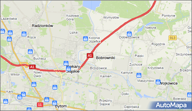 mapa Bobrowniki powiat będziński, Bobrowniki powiat będziński na mapie Targeo