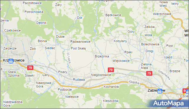 mapa Brzezinka gmina Zabierzów, Brzezinka gmina Zabierzów na mapie Targeo