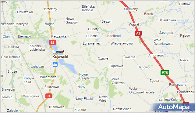 mapa Czaple gmina Lubień Kujawski, Czaple gmina Lubień Kujawski na mapie Targeo