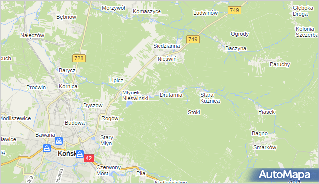 mapa Drutarnia gmina Końskie, Drutarnia gmina Końskie na mapie Targeo
