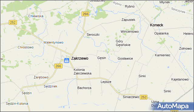 mapa Gęsin gmina Zakrzewo, Gęsin gmina Zakrzewo na mapie Targeo