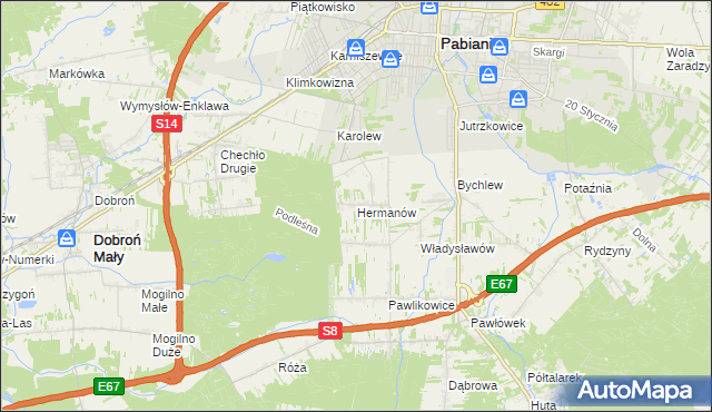 mapa Hermanów gmina Pabianice, Hermanów gmina Pabianice na mapie Targeo
