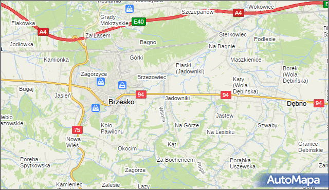 mapa Jadowniki gmina Brzesko, Jadowniki gmina Brzesko na mapie Targeo