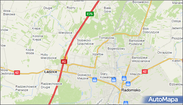 mapa Józefów gmina Ładzice, Józefów gmina Ładzice na mapie Targeo