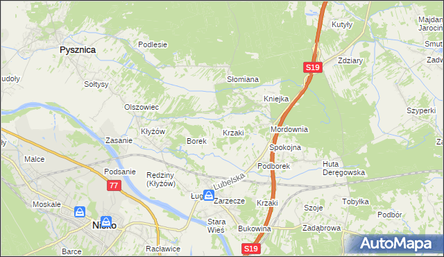 mapa Krzaki gmina Pysznica, Krzaki gmina Pysznica na mapie Targeo