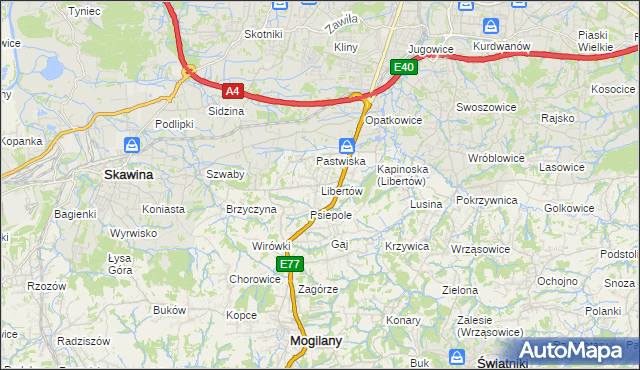 mapa Libertów gmina Mogilany, Libertów gmina Mogilany na mapie Targeo