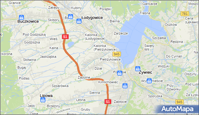 mapa Pietrzykowice gmina Łodygowice, Pietrzykowice gmina Łodygowice na mapie Targeo