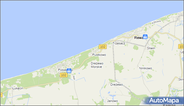 mapa Pustkowo gmina Rewal, Pustkowo gmina Rewal na mapie Targeo
