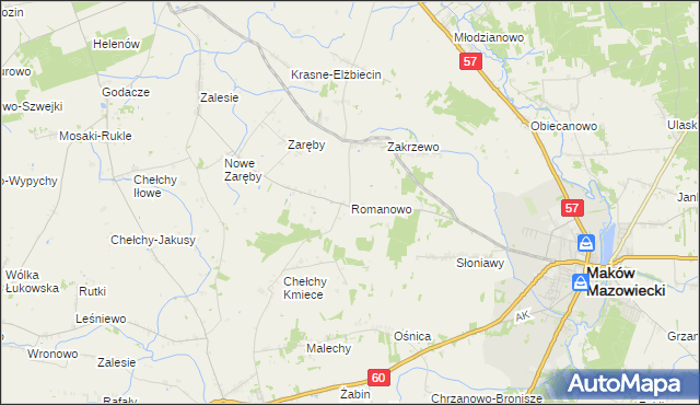 mapa Romanowo gmina Karniewo, Romanowo gmina Karniewo na mapie Targeo