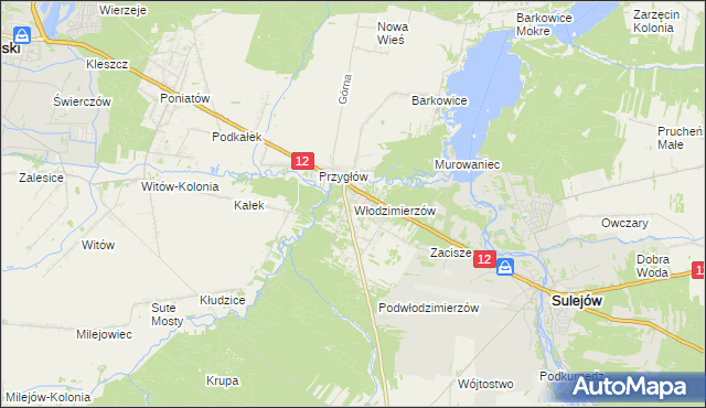 mapa Włodzimierzów gmina Sulejów, Włodzimierzów gmina Sulejów na mapie Targeo