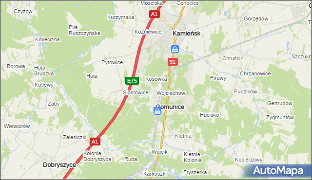 mapa Wojciechów gmina Gomunice, Wojciechów gmina Gomunice na mapie Targeo