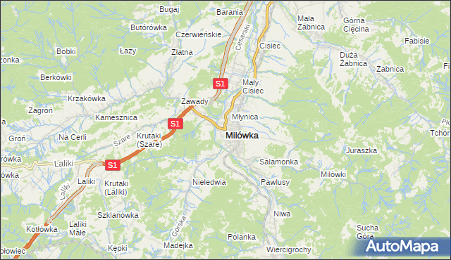 mapa Milówka powiat żywiecki, Milówka powiat żywiecki na mapie Targeo