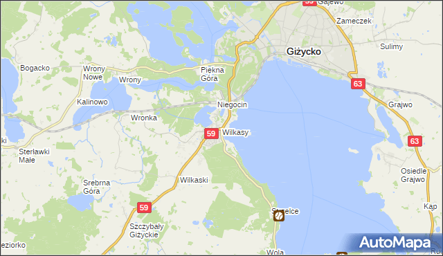 mapa Wilkasy gmina Giżycko, Wilkasy gmina Giżycko na mapie Targeo