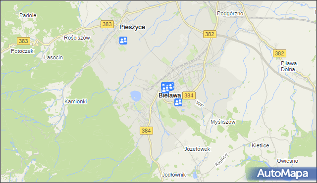mapa Bielawa powiat dzierżoniowski, Bielawa powiat dzierżoniowski na mapie Targeo