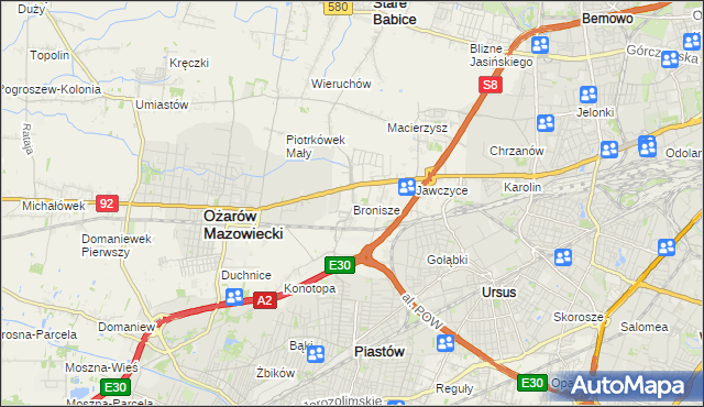 mapa Bronisze gmina Ożarów Mazowiecki, Bronisze gmina Ożarów Mazowiecki na mapie Targeo