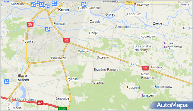 mapa Brzeźno gmina Krzymów, Brzeźno gmina Krzymów na mapie Targeo