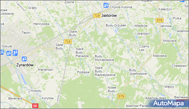mapa Budy Michałowskie gmina Jaktorów, Budy Michałowskie gmina Jaktorów na mapie Targeo