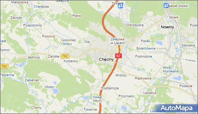 mapa Chęciny powiat kielecki, Chęciny powiat kielecki na mapie Targeo