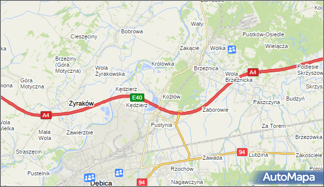 mapa Kozłów gmina Dębica, Kozłów gmina Dębica na mapie Targeo