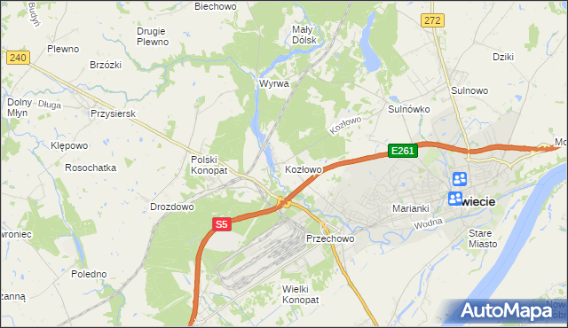 mapa Kozłowo gmina Świecie, Kozłowo gmina Świecie na mapie Targeo