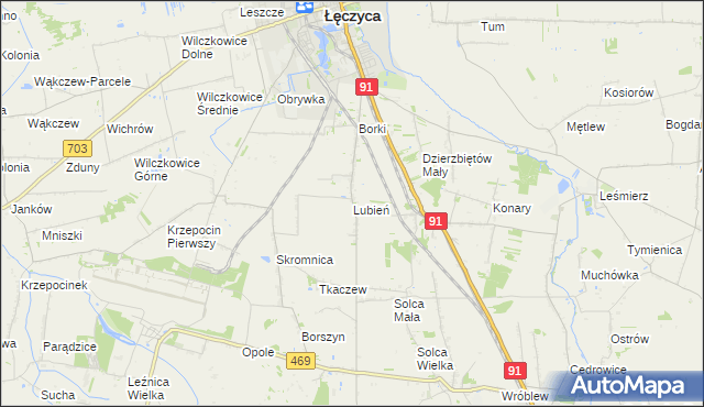 mapa Lubień gmina Łęczyca, Lubień gmina Łęczyca na mapie Targeo