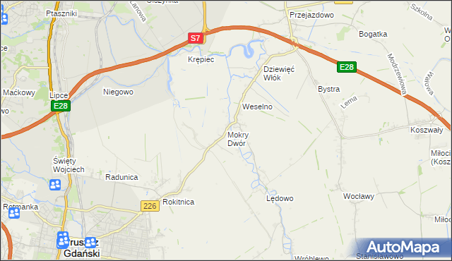 mapa Mokry Dwór gmina Pruszcz Gdański, Mokry Dwór gmina Pruszcz Gdański na mapie Targeo