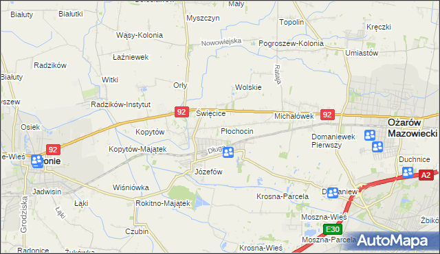 mapa Płochocin gmina Ożarów Mazowiecki, Płochocin gmina Ożarów Mazowiecki na mapie Targeo