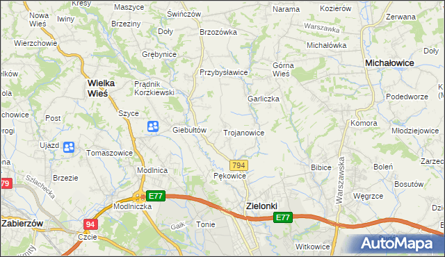 mapa Trojanowice gmina Zielonki, Trojanowice gmina Zielonki na mapie Targeo