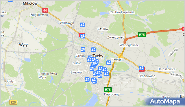 mapa Tychów, Tychy na mapie Targeo