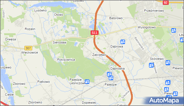 mapa Zakrzewo gmina Dopiewo, Zakrzewo gmina Dopiewo na mapie Targeo