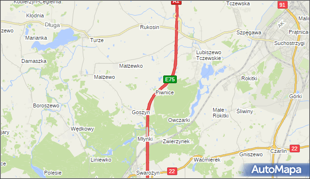 mapa Piwnice gmina Tczew, Piwnice gmina Tczew na mapie Targeo