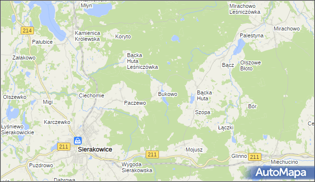 mapa Bukowo gmina Sierakowice, Bukowo gmina Sierakowice na mapie Targeo