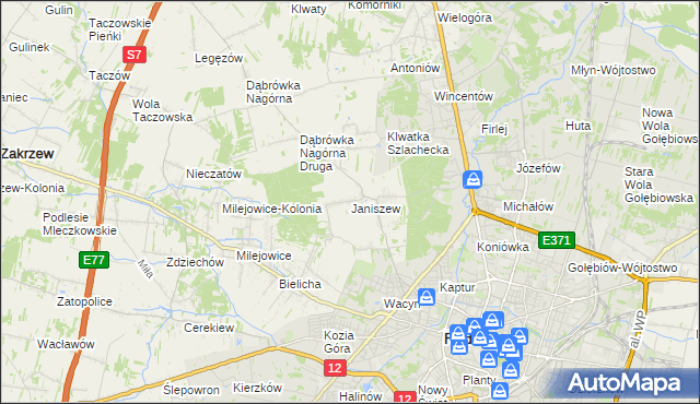 mapa Janiszew gmina Zakrzew, Janiszew gmina Zakrzew na mapie Targeo