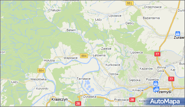 mapa Łętownia gmina Przemyśl, Łętownia gmina Przemyśl na mapie Targeo