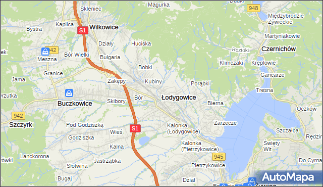 mapa Łodygowice powiat żywiecki, Łodygowice powiat żywiecki na mapie Targeo