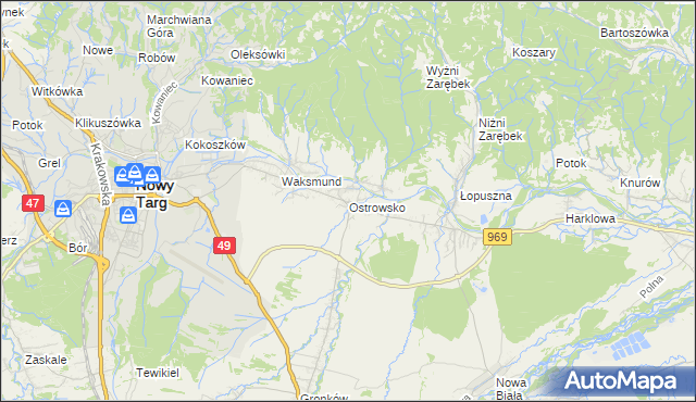 mapa Ostrowsko gmina Nowy Targ, Ostrowsko gmina Nowy Targ na mapie Targeo