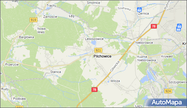 mapa Pilchowice powiat gliwicki, Pilchowice powiat gliwicki na mapie Targeo
