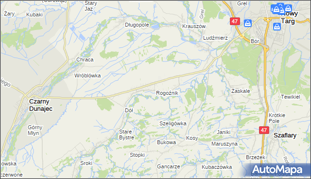mapa Rogoźnik gmina Nowy Targ, Rogoźnik gmina Nowy Targ na mapie Targeo