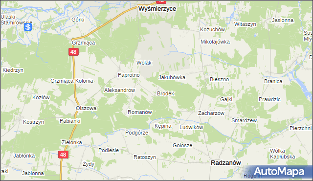 mapa Brodek gmina Wyśmierzyce, Brodek gmina Wyśmierzyce na mapie Targeo